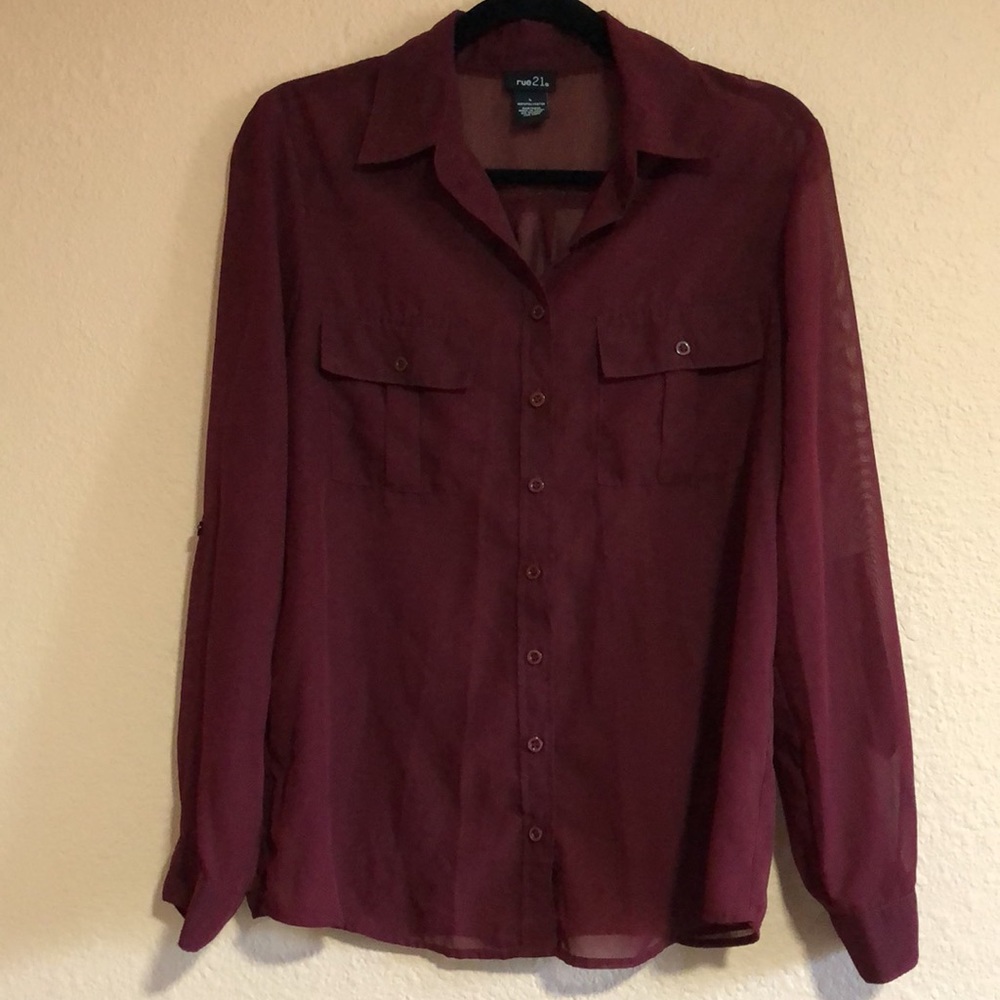Rue 21 Woman’s Large Burgundy Sheer Button Down Blouse